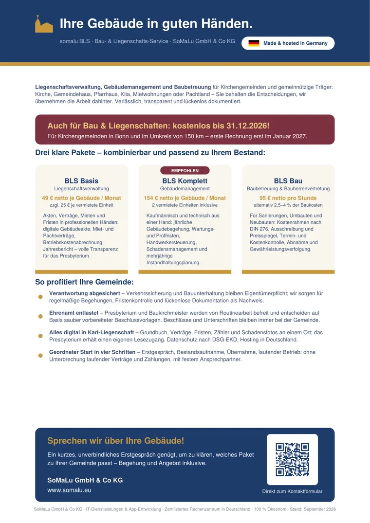 Vorschau des Flyers: Bau- und Liegenschafts-Service für Kirchengemeinden, drei Pakete ab 49 Euro je Gebäude und Monat, kostenlos bis 31.12.2026