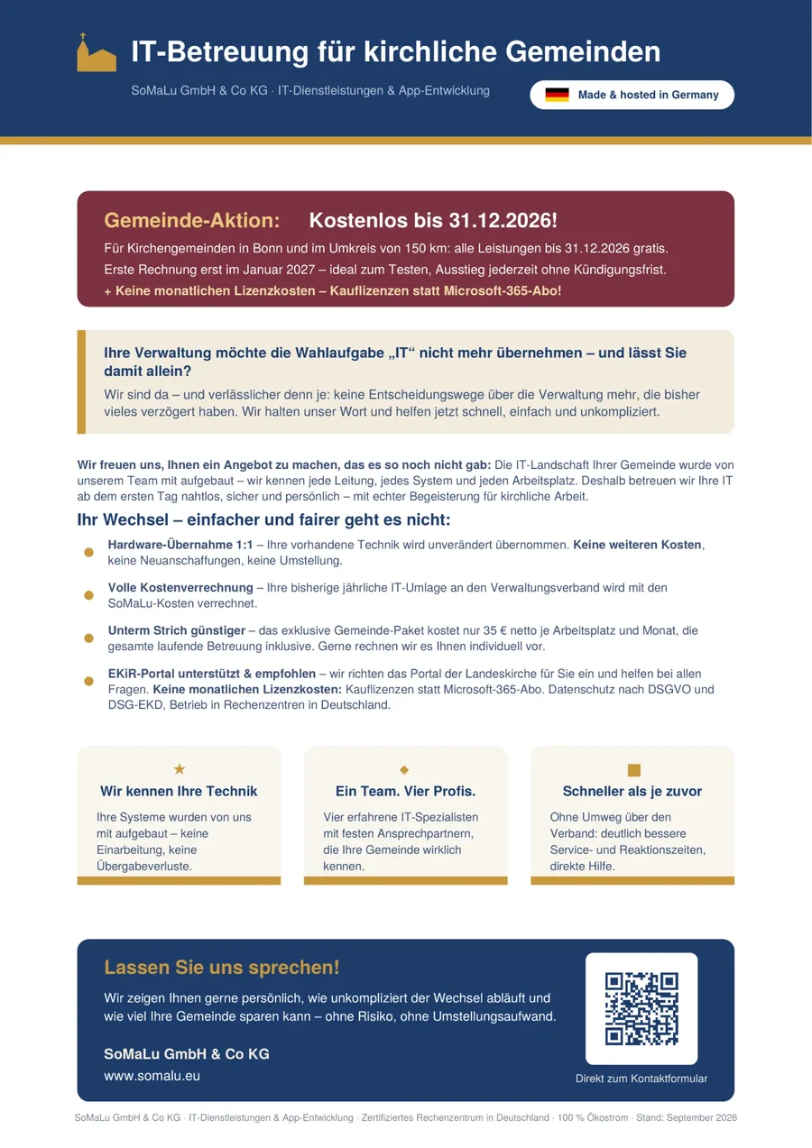 Vorschau des Flyers: IT-Betreuung für kirchliche Gemeinden, kostenlos bis 31.12.2026, 35 Euro je Arbeitsplatz und Monat
